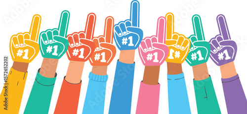 A diverse group of people raising their hands wearing colorful foam fingers with the number one symbol indicating victory celebration or support