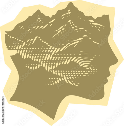  Vibrant colorful paper cut heavy lined effect vector postal stamp featuring a creative silhouette of a face blending seamlessly into majestic mountain landscape design artwork