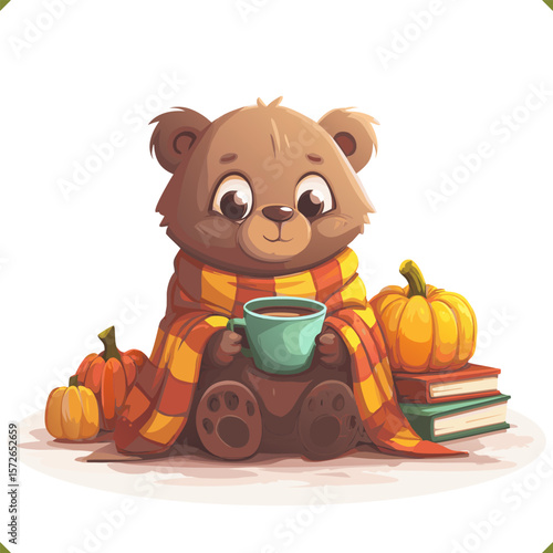 Vector illustration of an adorable bear wrapped in a plaid blanket holding a cup of coffee, surrounded by pumpkins and books. Autumn cartoon illustration in warm tones on white background