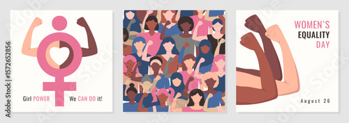 Women's Equality Day poster cover set. Girl power. We can do it text. Diversity Women show strength of hands. Square social media post, card, flyer. Flat style. Vector illustration.