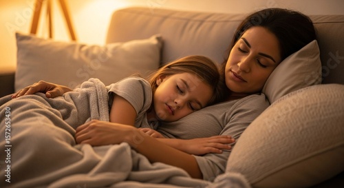 Mother and daughter sleeping together on couch wrapped in blanket