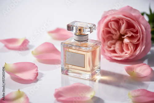 A perfume bottle and pink rose petals are isolated on white background