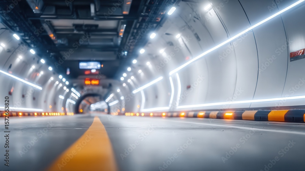 Fototapeta premium Tunnel of Innovation: A contemporary transportation tunnel illuminated by a dynamic display of lights, showcasing modern engineering and architectural prowess.
