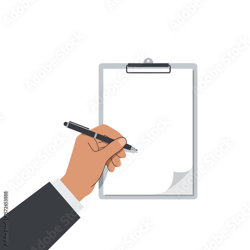 Hand holding a pen writing on a blank clipboard with a curled page corner.