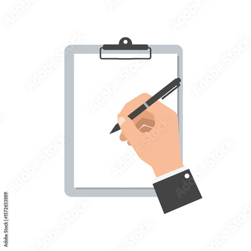 A hand holding a pen writes on a blank clipboard.