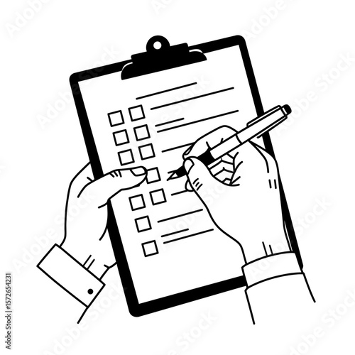 Hands completing a checklist on a clipboard with a pen.