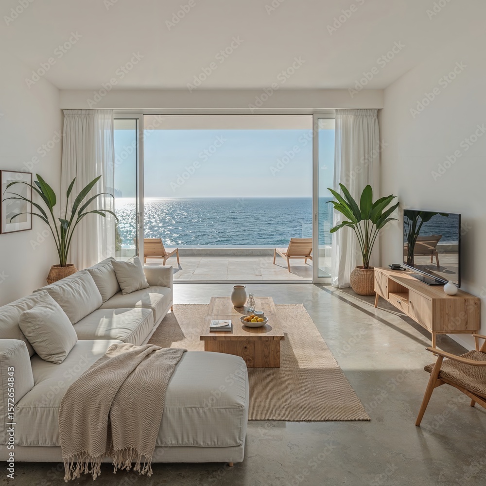 Fototapeta premium Modern Seaside Interior – Open Space with Designer Furniture and Peaceful Ocean Horizon