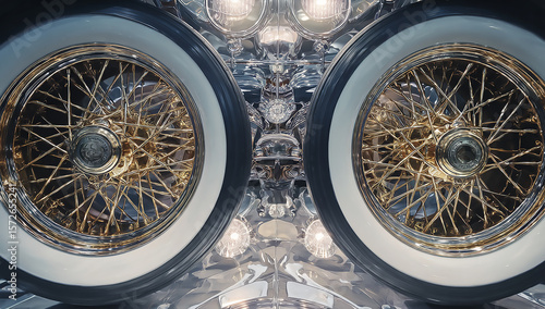 Close up of two gold wire wheels with white wall tires on a chrome lowrider car body detail
