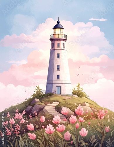 Whimsical Lighthouse- A Tower of Light in a Cartoon Landscape Under Pastel Clouds_2.jpg