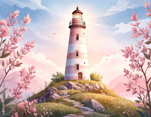 Whimsical Lighthouse- A Tower of Light in a Cartoon Landscape Under Pastel Clouds_2.jpg