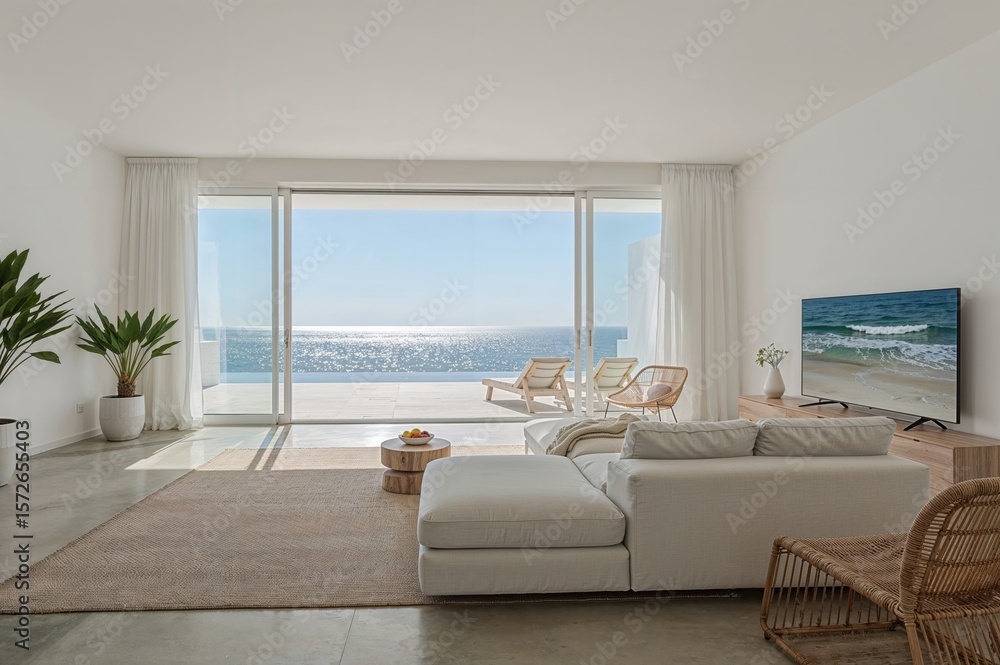 Fototapeta premium Elegant Ocean View Home – Open Concept Living Room with Clean Lines, Beige Sofa, and Mediterranean Feel