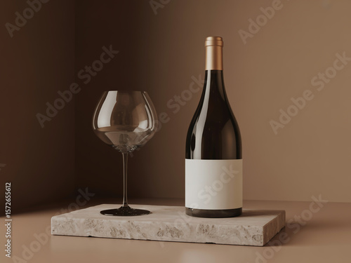 An elegant wine bottle and empty glass are displayed on a stone platform