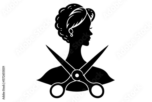Vector art of silhouette of  girl with scissors beauty parlor icon  