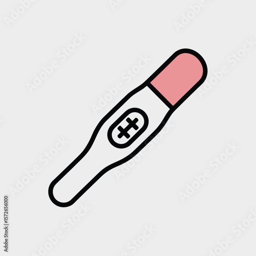Minimalist Icon Illustration of a Pregnancy Test with Pink and White Plastic Body and Blue Plus Symbol Result Indicator