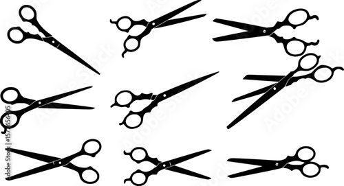 Black scissor silhouettes in different shapes, oriented in different directions, set on white
