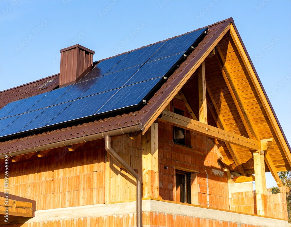 Obraz premium Close-up of a wooden house under construction with solar panels on the roof, showcasing sustainable and eco-friendly architecture.