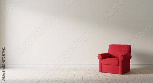 Minimalist room with single red chair and soft lighting