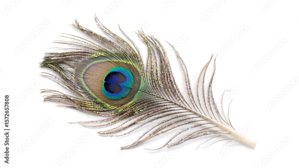 Fototapeta premium Transparent PNG Peacock Feather, Single iridescent peacock feather with vibrant eye isolated on transparent background, detailed macro shot showcasing intricate texture and color variations.