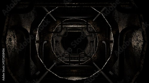 camera fly forward inside dark gloomy tunnel with old rusty pipes. 3d render looped animation