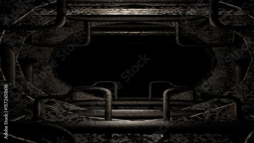 camera fly forward inside dark gloomy tunnel with old rusty pipes. 3d render looped animation