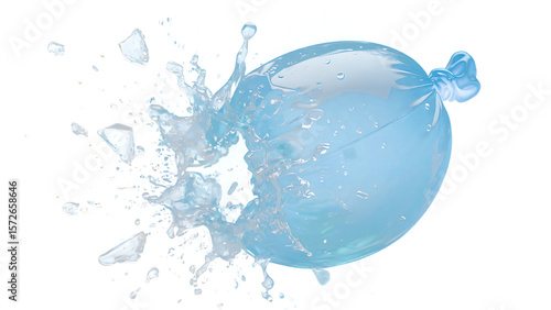 Transparent PNG Water Balloon Burst,  A Vibrant Blue Water Balloon Exploding with a Splash of Water Droplets on a Transparent Background, Perfect for Summer Designs and Refreshing Visuals