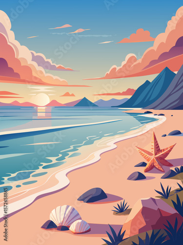 Tropical beach landscape with a boat on the blue ocean under a summer sky, perfect for your next vacation design