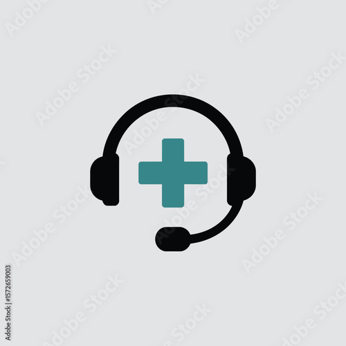 Minimalist Icon of a Black Headset with a Teal and Green Gradient Plus Sign Centered Inside a White Background