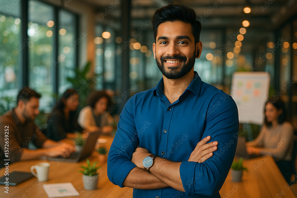 Obraz premium A man standing in a conference room with his arms crossed