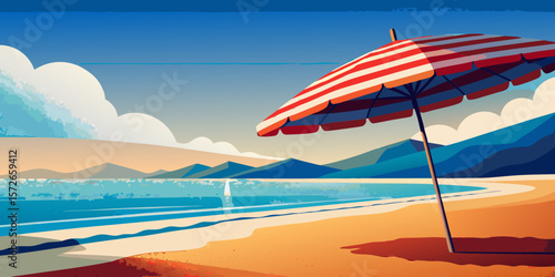 Umbrellas dot a summer beach scene as an airplane soars across the blue sky over the ocean