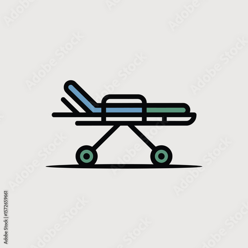 Minimalist Icon of a Blue and Green Medical Stretcher on Wheels Moving Right Simple Line Art Illustration