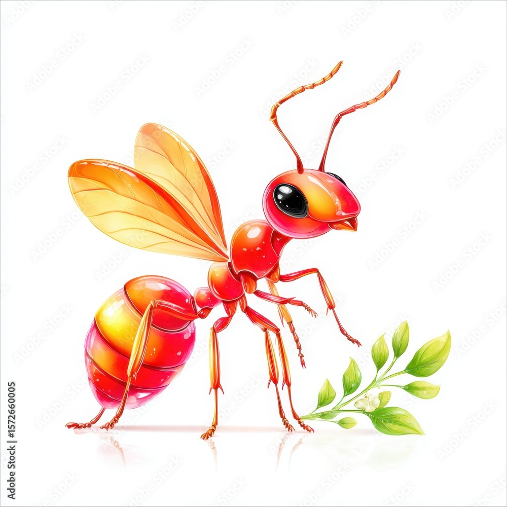Fototapeta premium Cartoon Red Ant with Wings and Green Leaves on White Background Illustration