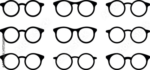Nine vector round eyeglasses styles; minimalist black icons