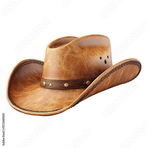 Vintage brown leather cowboy hat isolated on transparent background