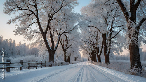 Peaceful Rural Winter Snowy Road Surrounded by Frosted Trees and Snow Fields