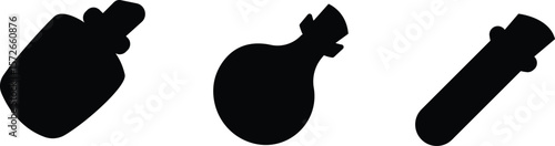 Black Chemical Bottle Silhouette Vector Icons, Laboratory Flask, Test Tube, and Science Equipment Set for Chemistry and Medical Design, Vector Illustration
