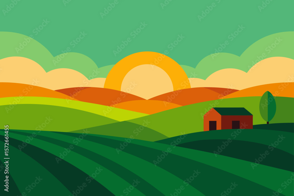 Fototapeta premium Serene Countryside With Green Fields And The Sun Rising