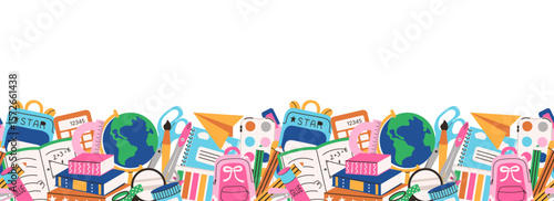 School Supplies Seamless Border. Education endless frame. Study tools pattern in flat style. Notebook, ruler, pencil, globe. backpack. Educational theme for poster banner print. Copy space.