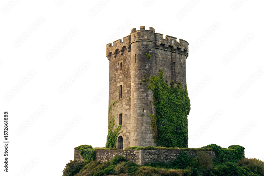Fototapeta premium Large medieval castle tower with crenellations on hilltop base surrounded by ivy vegetation, isolated on a transparent background