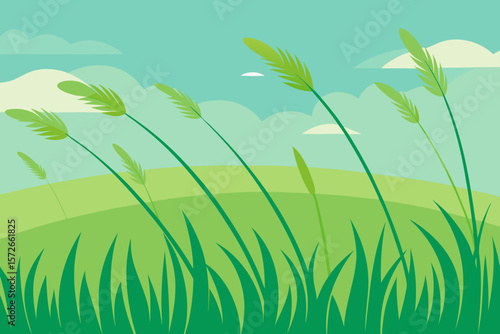 Calm Green Meadow With Tall Grass And Gentle Wind