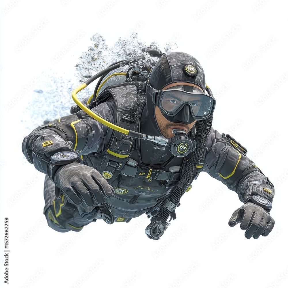Naklejka premium Professional Scuba Diver in Full Gear Underwater with Bubbles on White Background