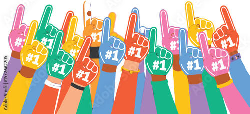 A diverse group of people raising their hands wearing colorful foam fingers with the number one on them celebrating victory or showing support at an event
