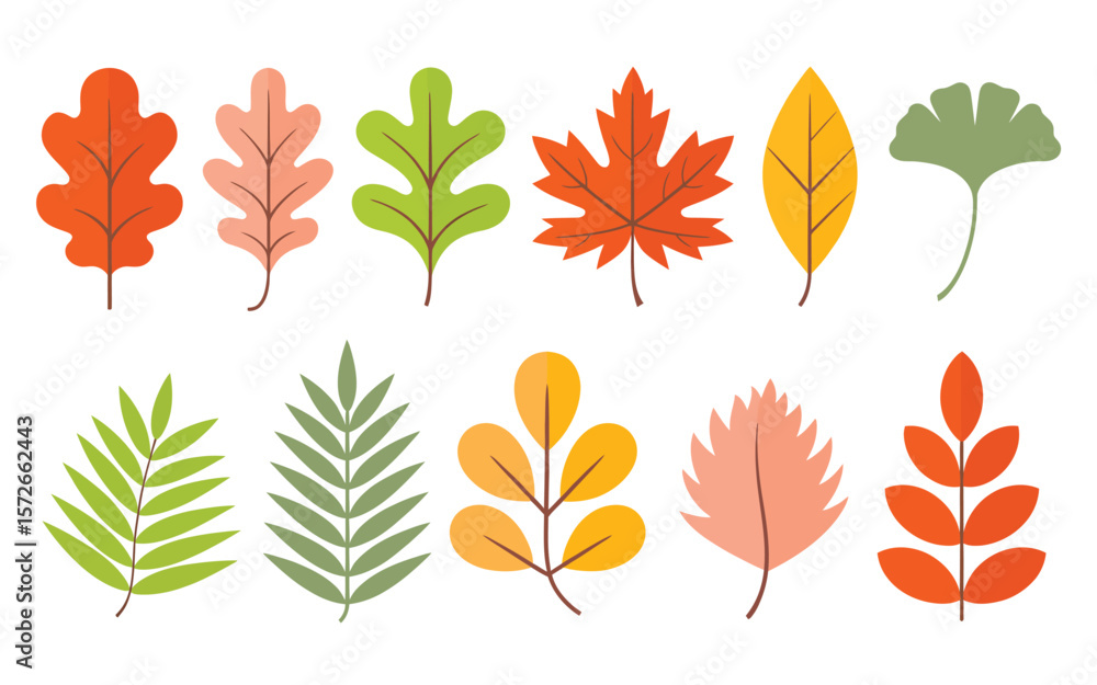 Obraz premium Set of Autumn Leaves – Flat Vector Illustration of Oak, Maple, Chestnut, Ash, Birch in Yellow, Red, Orange for Seasonal Pattern, Banner, Sticker, and Hello Autumn Card