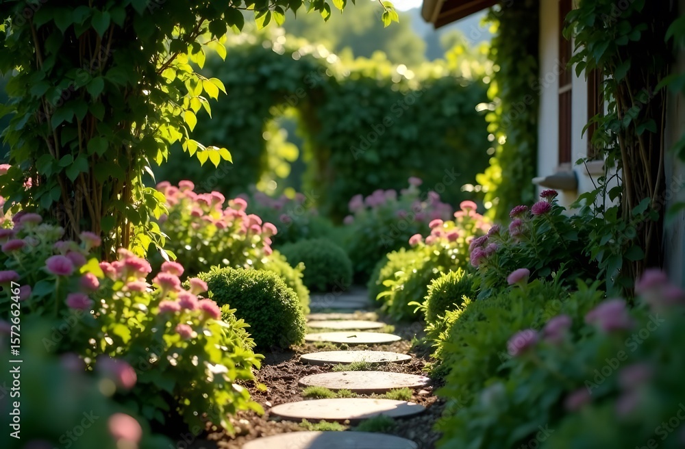 Garden with green grass and flowers Garden with green grass and flowers