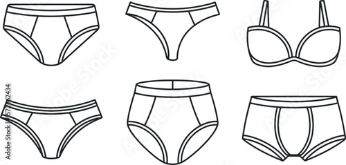 Vector illustration: Minimalist line art underwear set, various styles