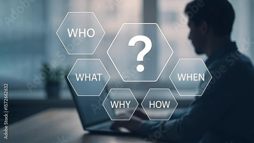 A businessman typing on a laptop with floating icons displaying the questioning words, question mark, root cause analysis, question sign