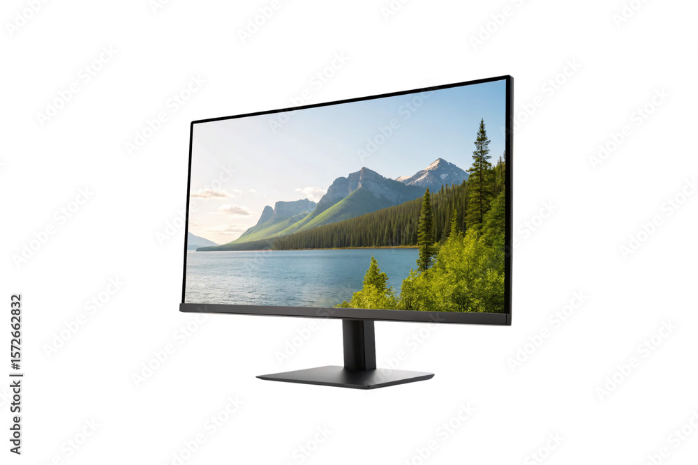Fototapeta premium Modern black computer monitor displaying mountain lake landscape with stand and bezel, isolated on a transparent background