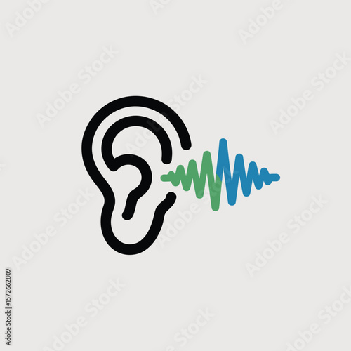 Minimalist Icon of a Human Ear Receiving Sound Waves Gradient Green Blue Audio Waveform Simple Line Art Illustration Black Outline on Light Gray Background