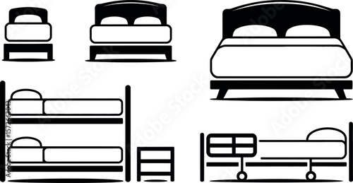 Vector illustration: Simple black beds, bunk bed, hospital bed icons