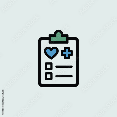 Minimalist Icon of a Medical Checklist Clipboard Featuring a Blue Heart and Plus Symbol on a Light Gray Background with Checkboxes and Lines for Notes