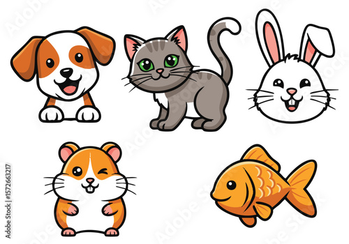 Cute Pixel Art Pets: Dog, Cat, Rabbit, Hamster, Fish